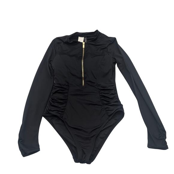 La Blanca Women's Shirred Paddlesuit Zip Front One Piece Swimsuit Black Size S - Picture 2 of 13